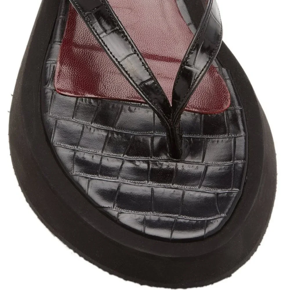 STAUD Black Croc-Embossed Platform Toe-Post Sandals with Burgundy Footbed